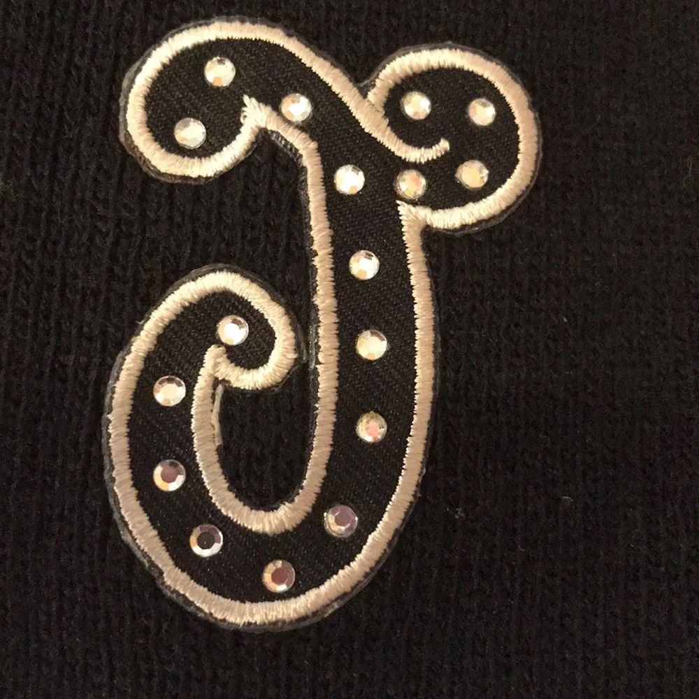 New JUSTICE rhinestone initial J letter knit beanie hat skull cap black warm